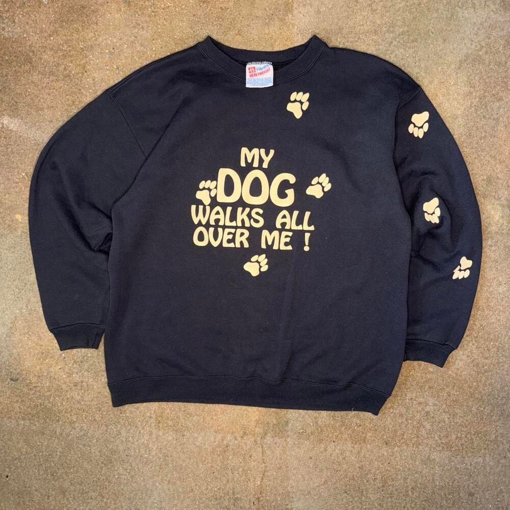 Vintage Funny Dog Hanes Heavyweight Crewneck Paw Print Sweatshirt Black L
